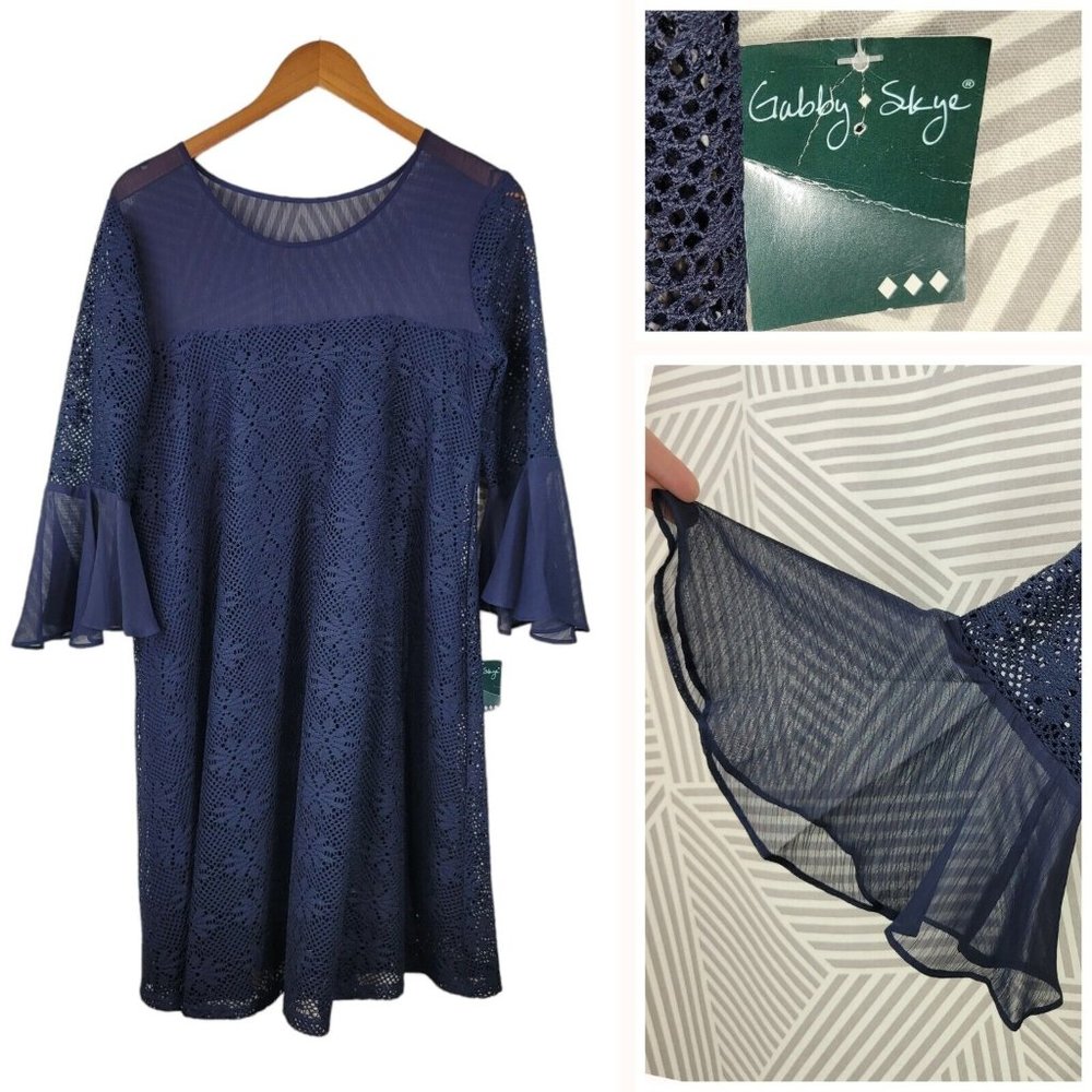 New Gabby Skye Dress Size 8 Floral Lace Stretch Mesh Navy Blue Bell Flare Sleeve